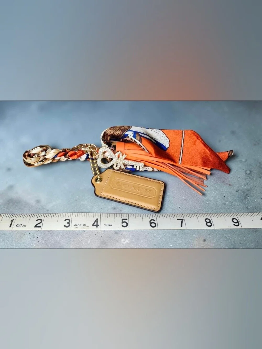 Coach Orange & Blue Scarf Tassel Keychain with Crystal Key & Heart Charm